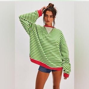 We The Free Green & White Striped Sweatshirt with Pink Trim